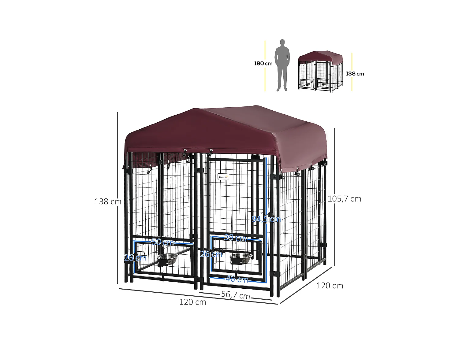 Chenil extérieur pour chien - cage chien - enclos chien - toile toit imperméable anti-UV, porte verrouillable, 2 bols rotatifs - acier noir oxford pourpre