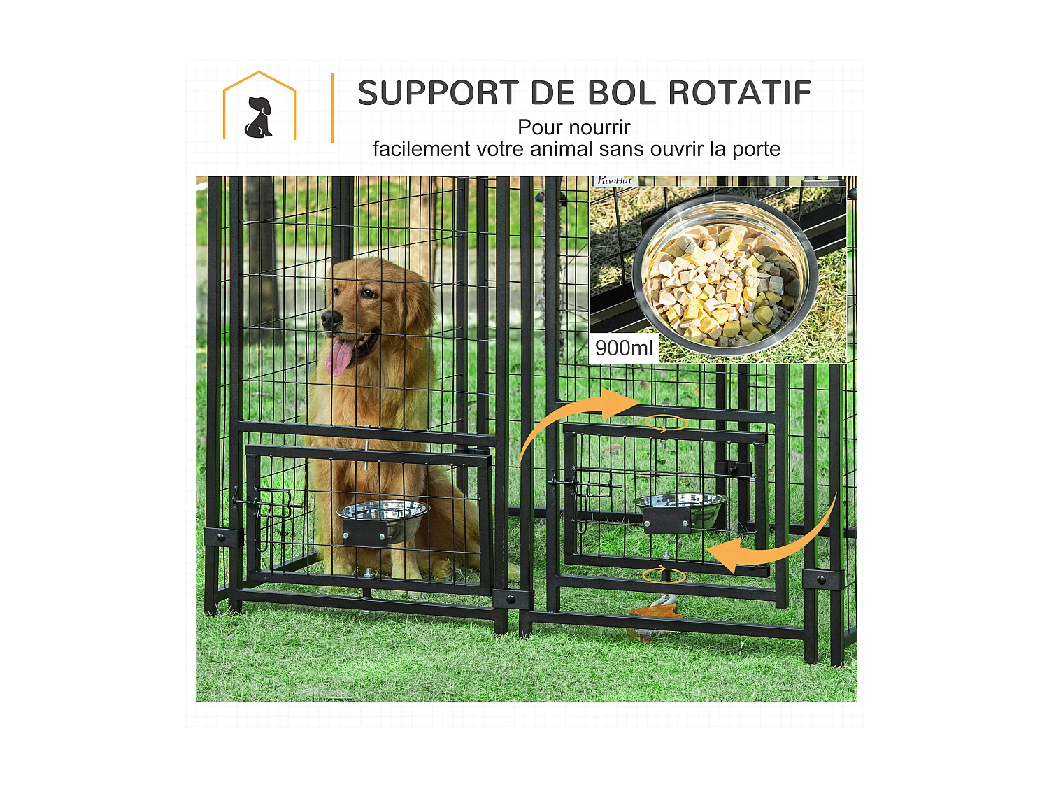 Chenil extérieur pour chien - cage chien - enclos chien - toile toit imperméable anti-UV, porte verrouillable, 2 bols rotatifs - acier noir oxford pourpre