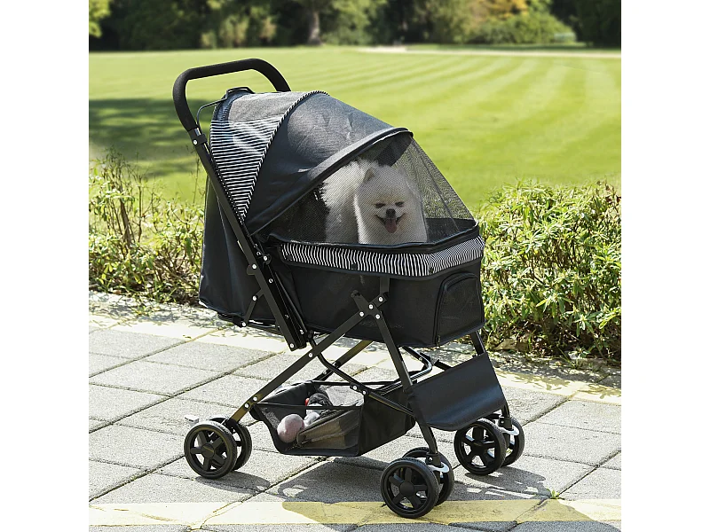 Poussette buggy pliable chien chat panier et sac de rangement attaches sécurité housse réglable poignée réglable acier Oxford noir