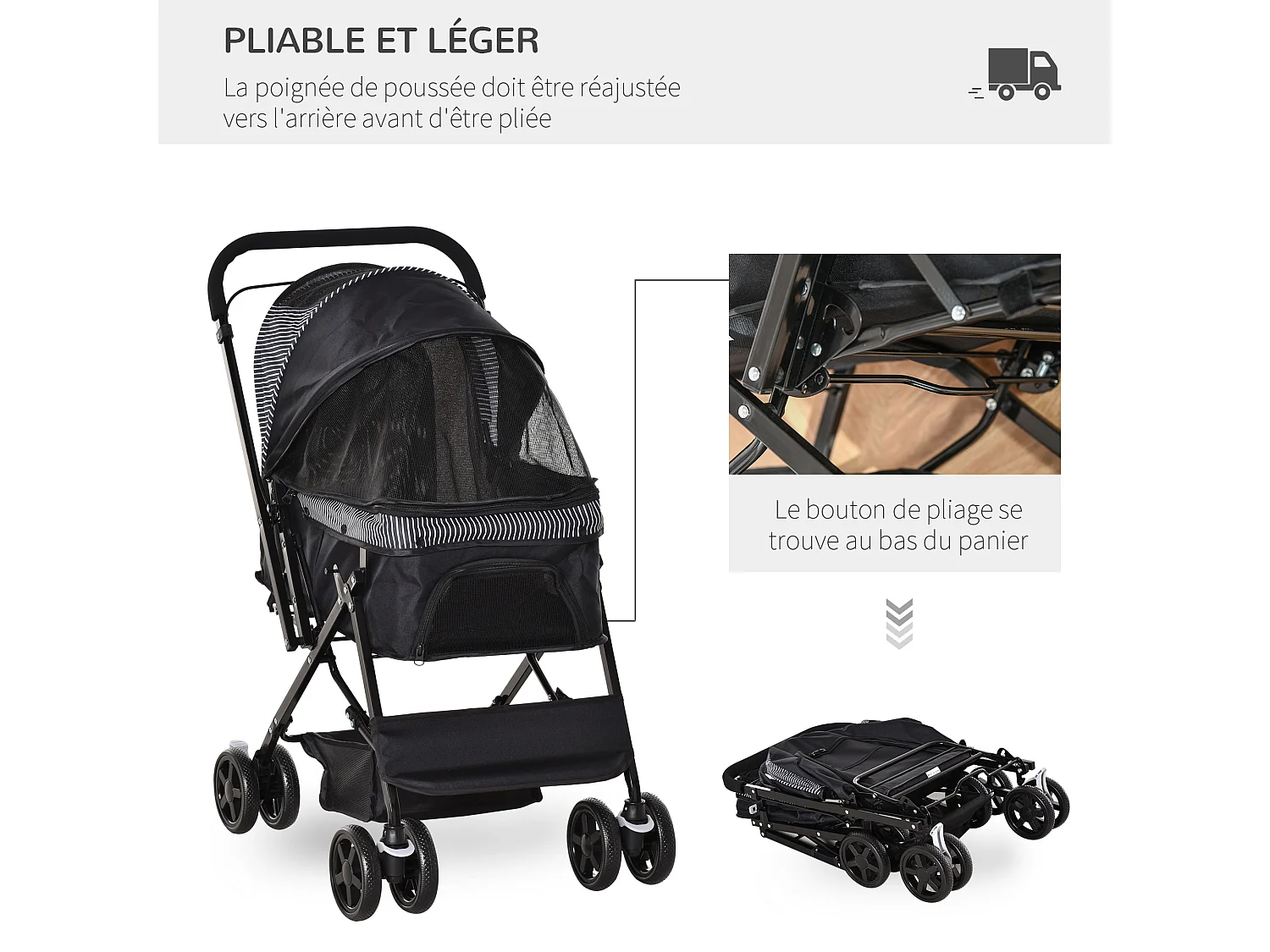 Poussette buggy pliable chien chat panier et sac de rangement attaches sécurité housse réglable poignée réglable acier Oxford noir