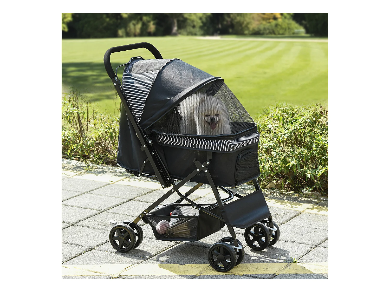 Poussette buggy pliable chien chat panier et sac de rangement attaches sécurité housse réglable poignée réglable acier Oxford noir