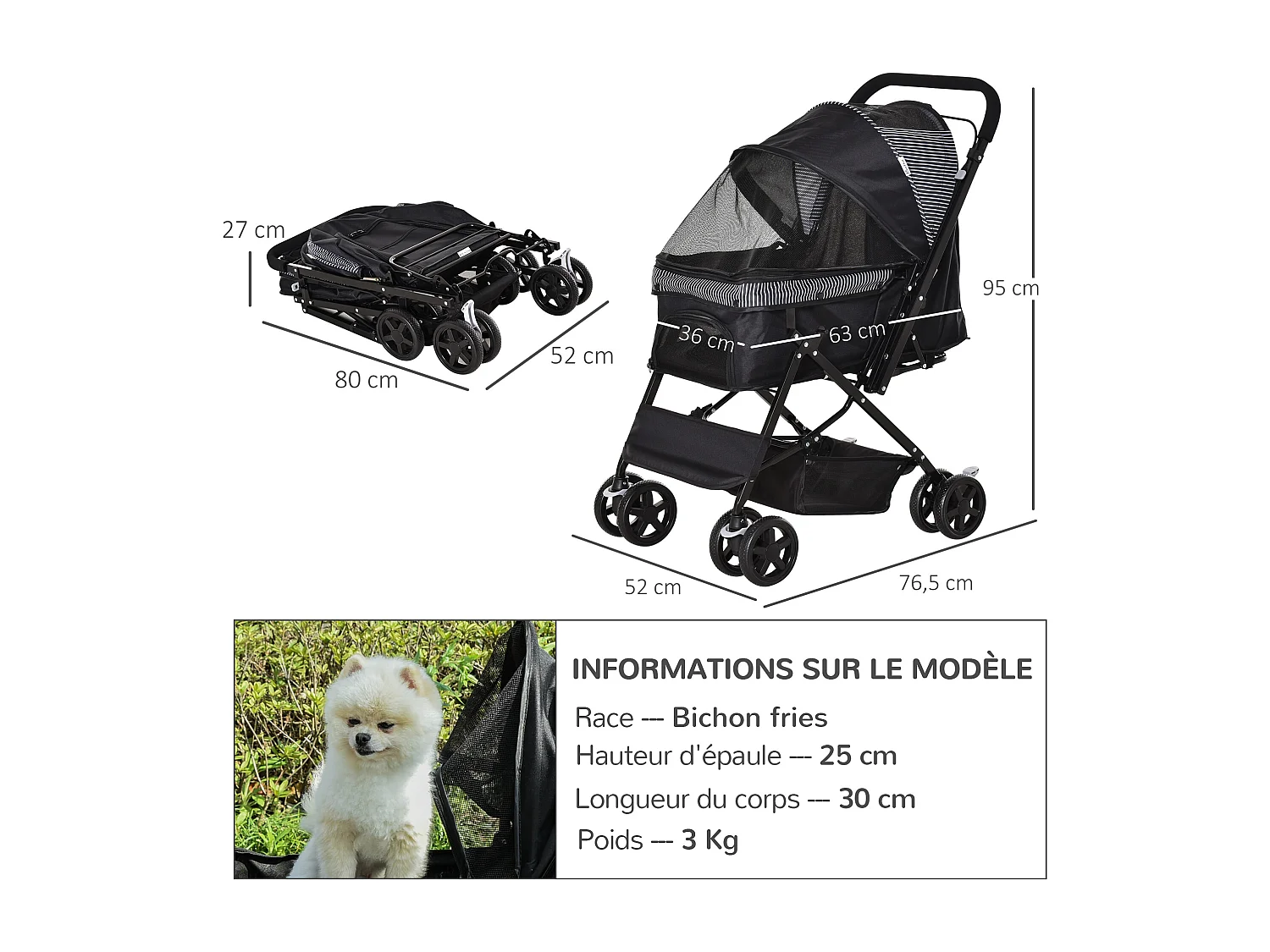 Poussette buggy pliable chien chat panier et sac de rangement attaches sécurité housse réglable poignée réglable acier Oxford noir