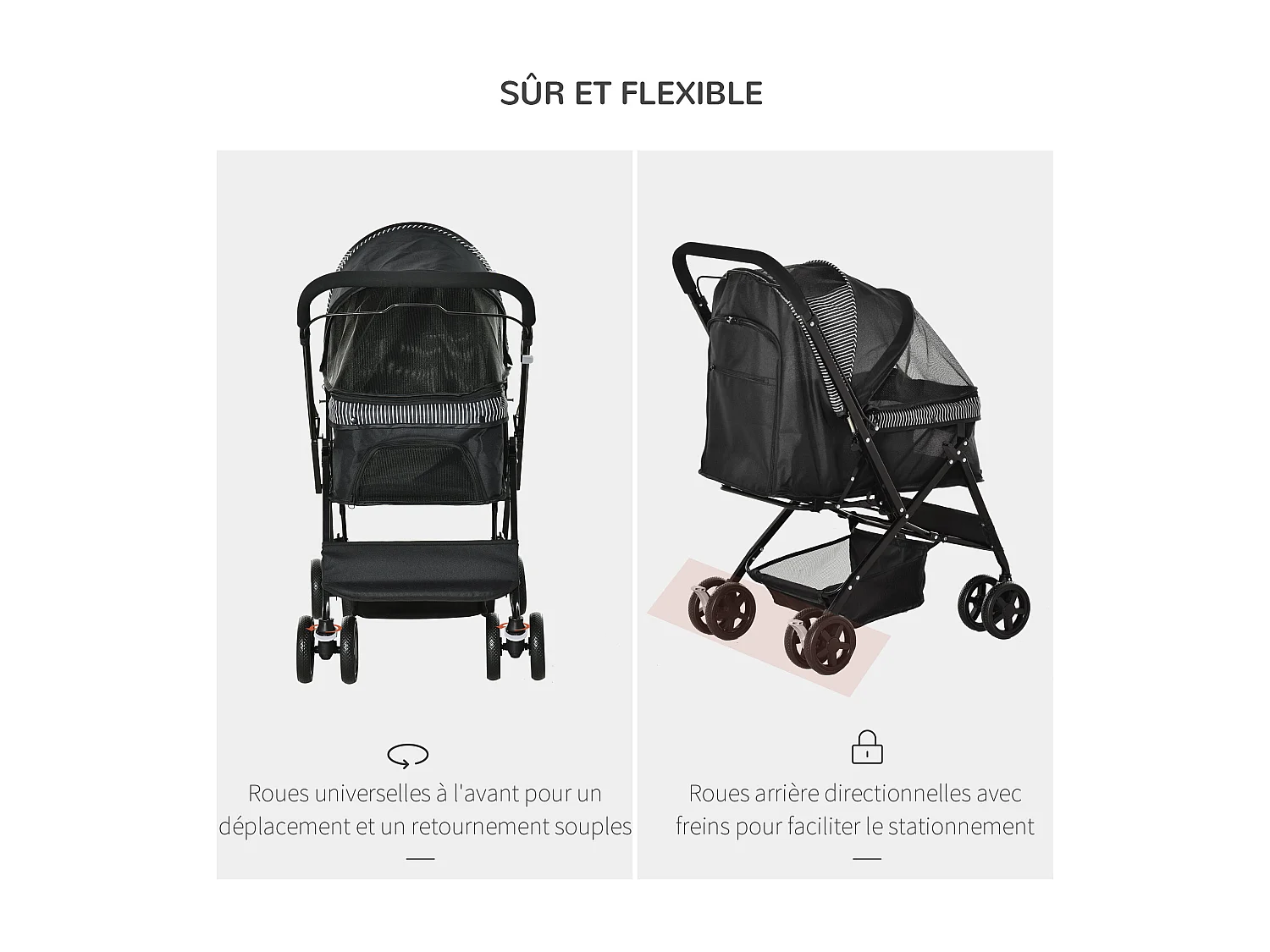 Poussette buggy pliable chien chat panier et sac de rangement attaches sécurité housse réglable poignée réglable acier Oxford noir