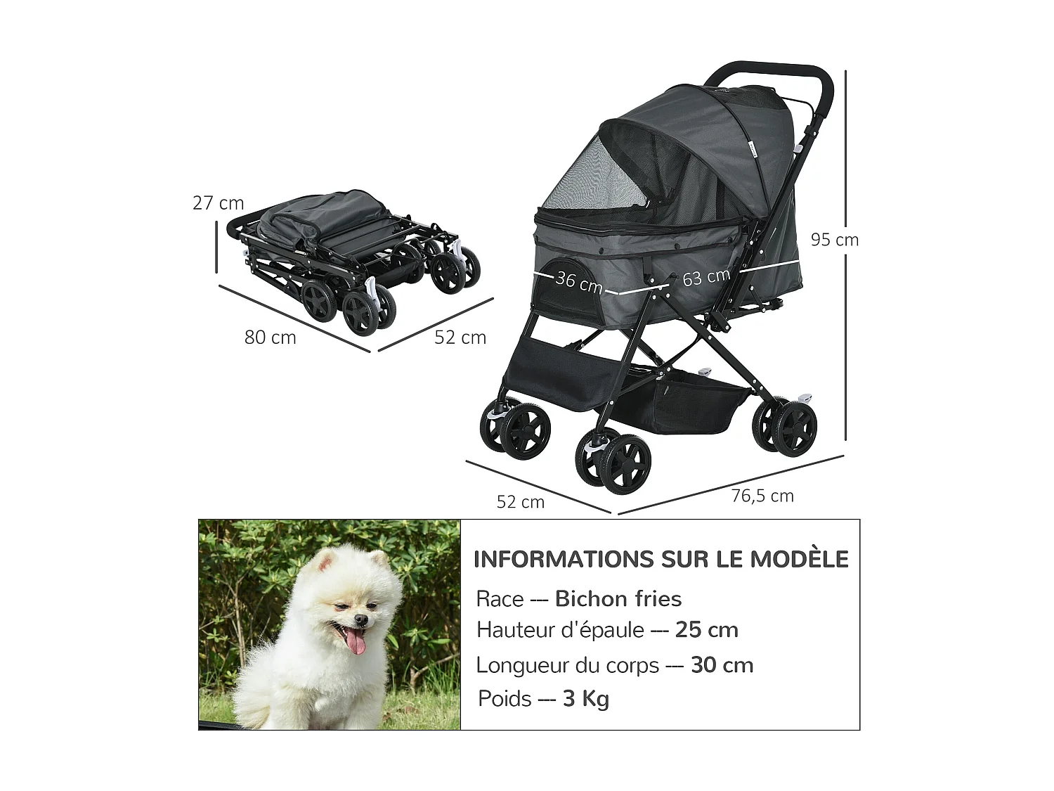 Poussette buggy pliable chien chat panier et sac de rangement attaches sécurité housse réglable poignée réglable acier Oxford gris