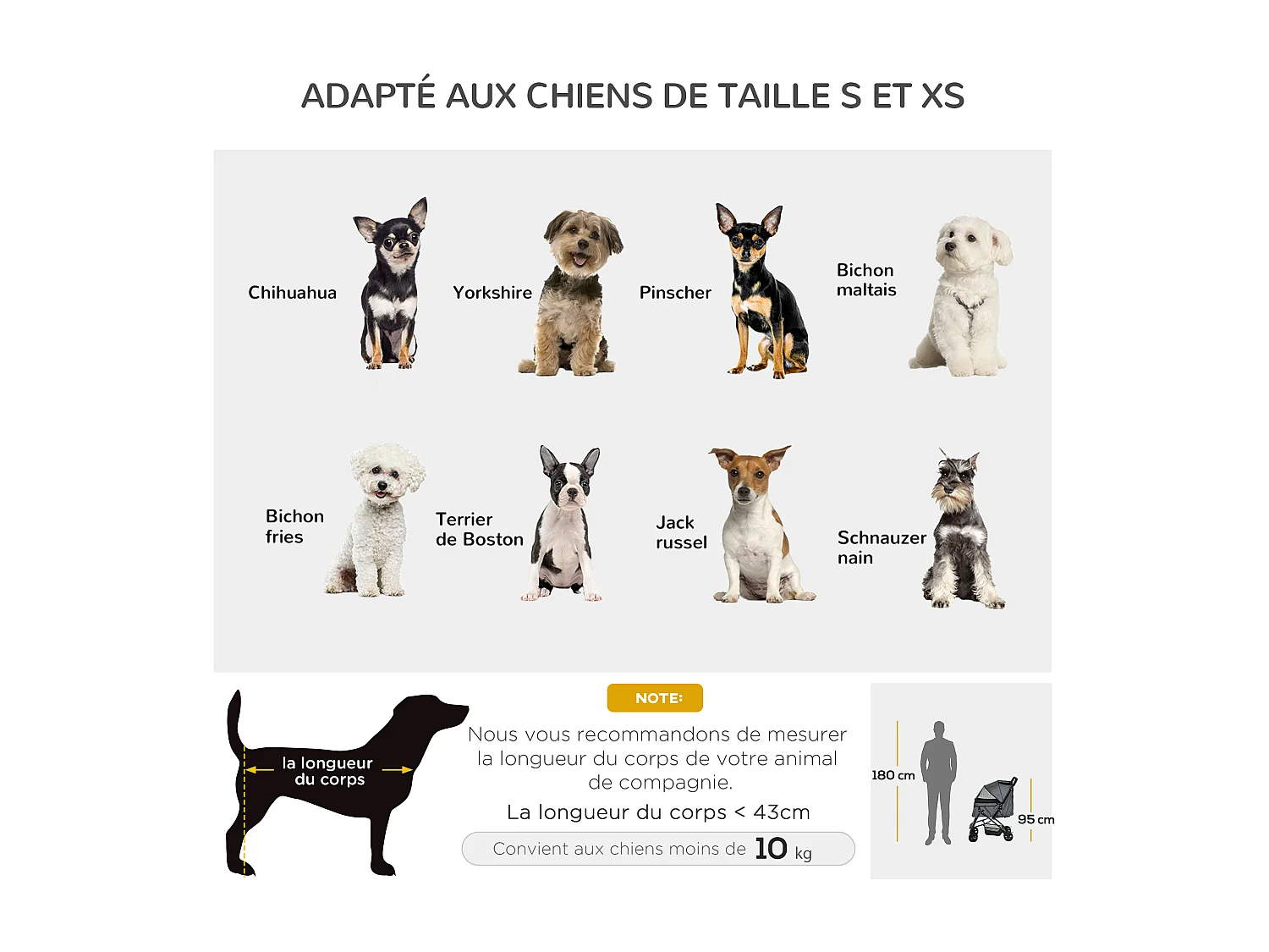 Poussette buggy pliable chien chat panier et sac de rangement attaches sécurité housse réglable poignée réglable acier Oxford gris