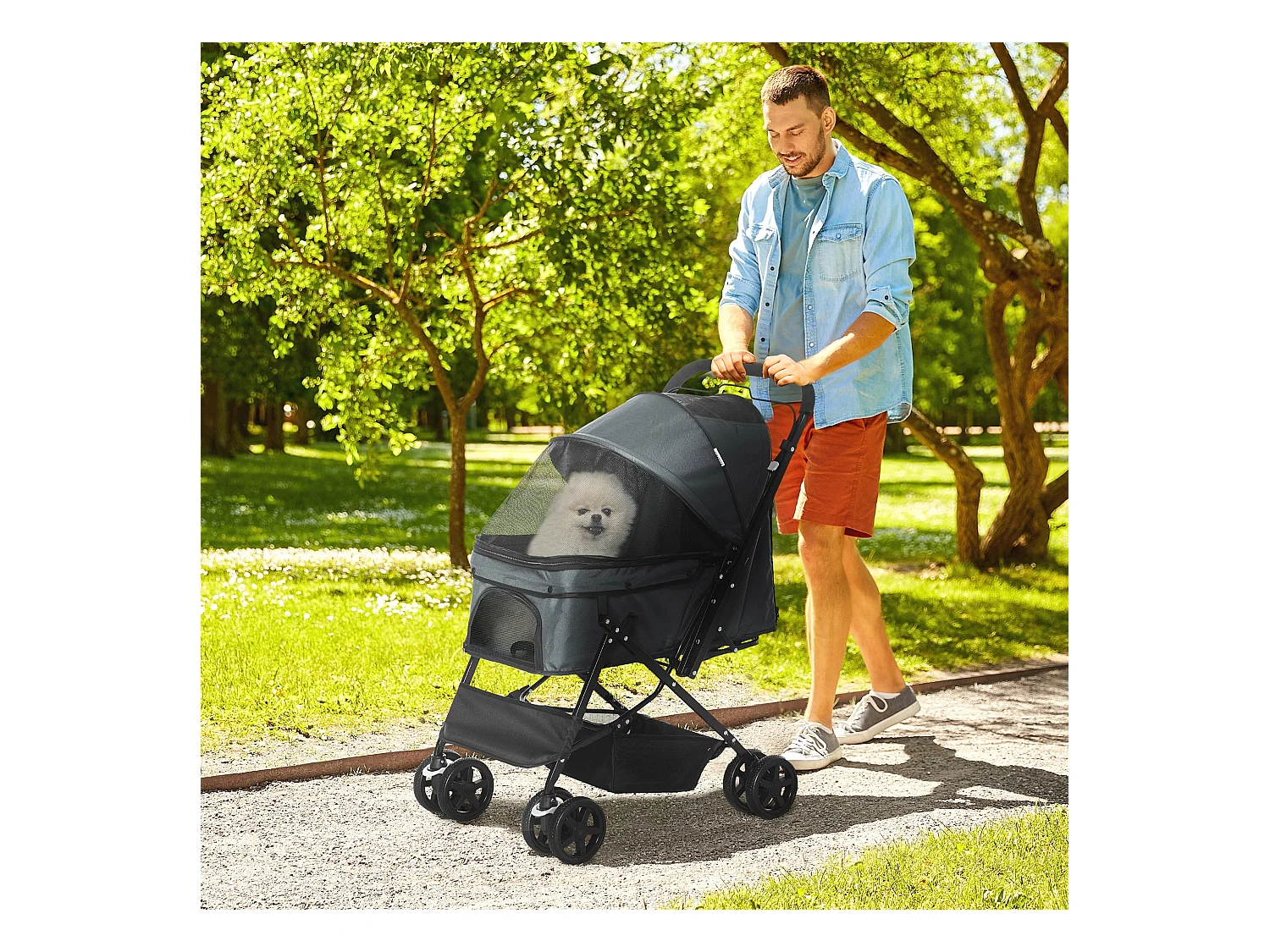 Poussette buggy pliable chien chat panier et sac de rangement attaches sécurité housse réglable poignée réglable acier Oxford gris