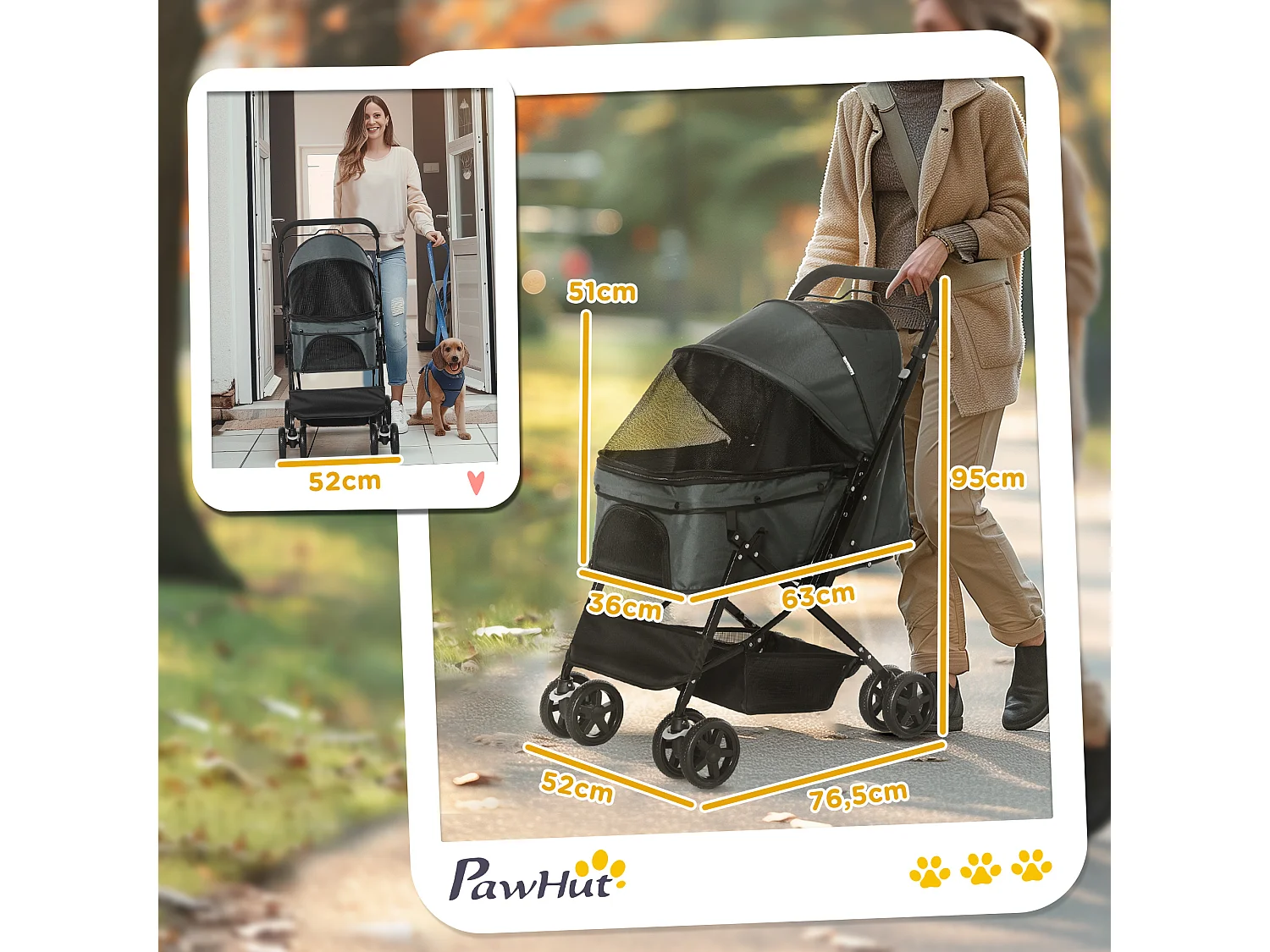 Poussette buggy pliable chien chat panier et sac de rangement attaches sécurité housse réglable poignée réglable acier Oxford gris