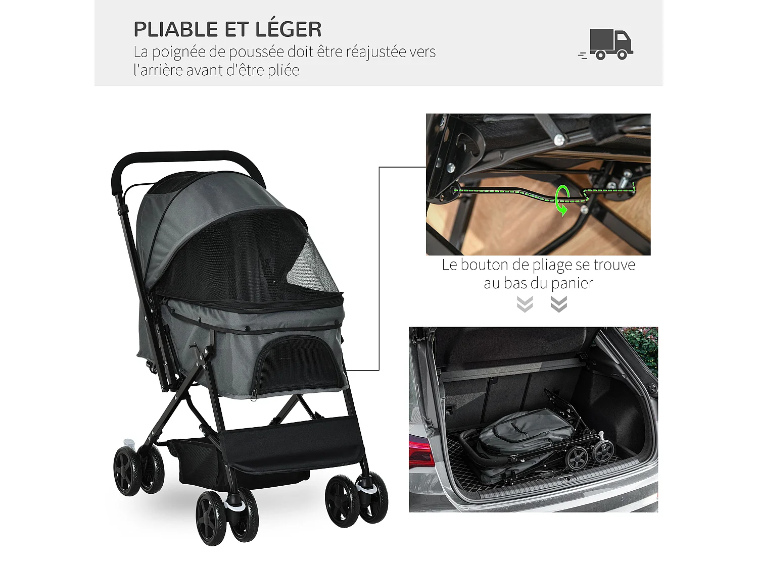 Poussette buggy pliable chien chat panier et sac de rangement attaches sécurité housse réglable poignée réglable acier Oxford gris
