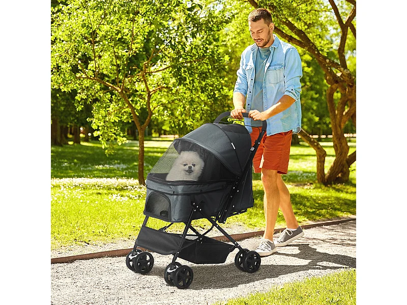 Poussette buggy pliable chien chat panier et sac de rangement attaches sécurité housse réglable poignée réglable acier Oxford gris