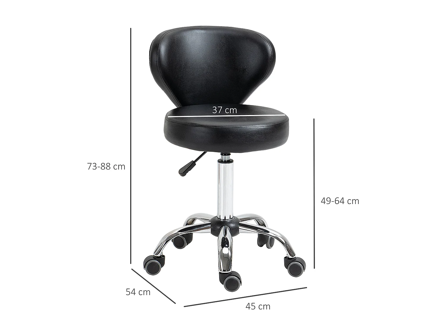 HOMCOM Tabouret de massage - tabouret de travail pivotant 360° - assise réglable 49-64H cm, dossier ergonomique - métal chromé revêtement synthétique noir