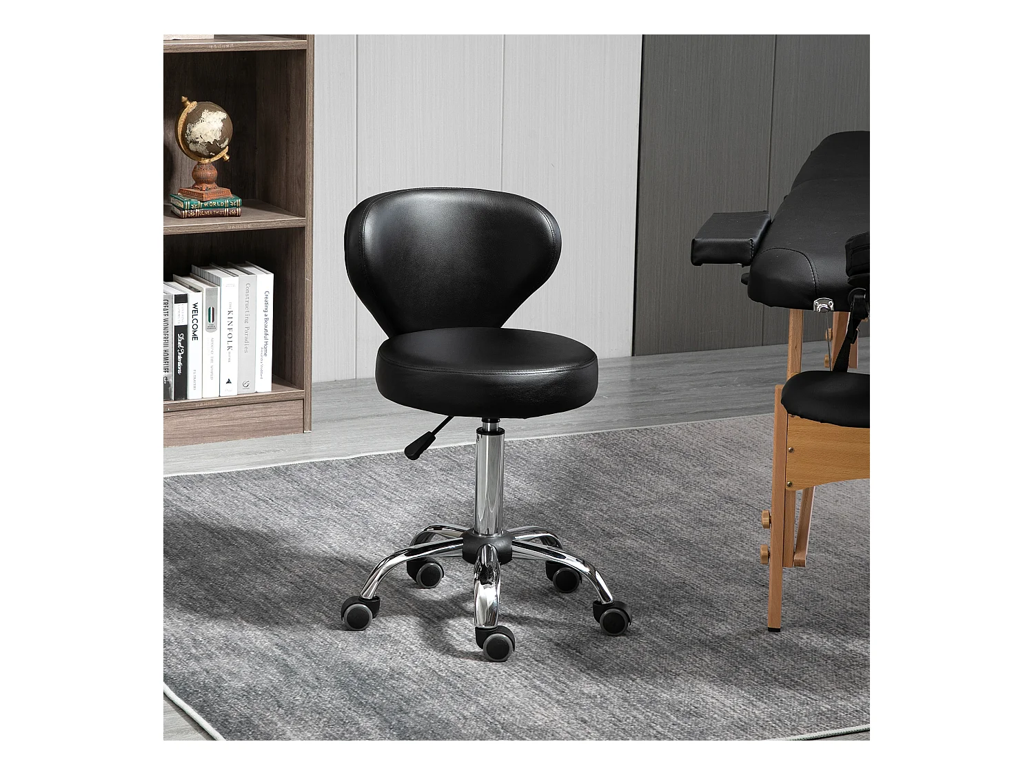 HOMCOM Tabouret de massage - tabouret de travail pivotant 360° - assise réglable 49-64H cm, dossier ergonomique - métal chromé revêtement synthétique noir