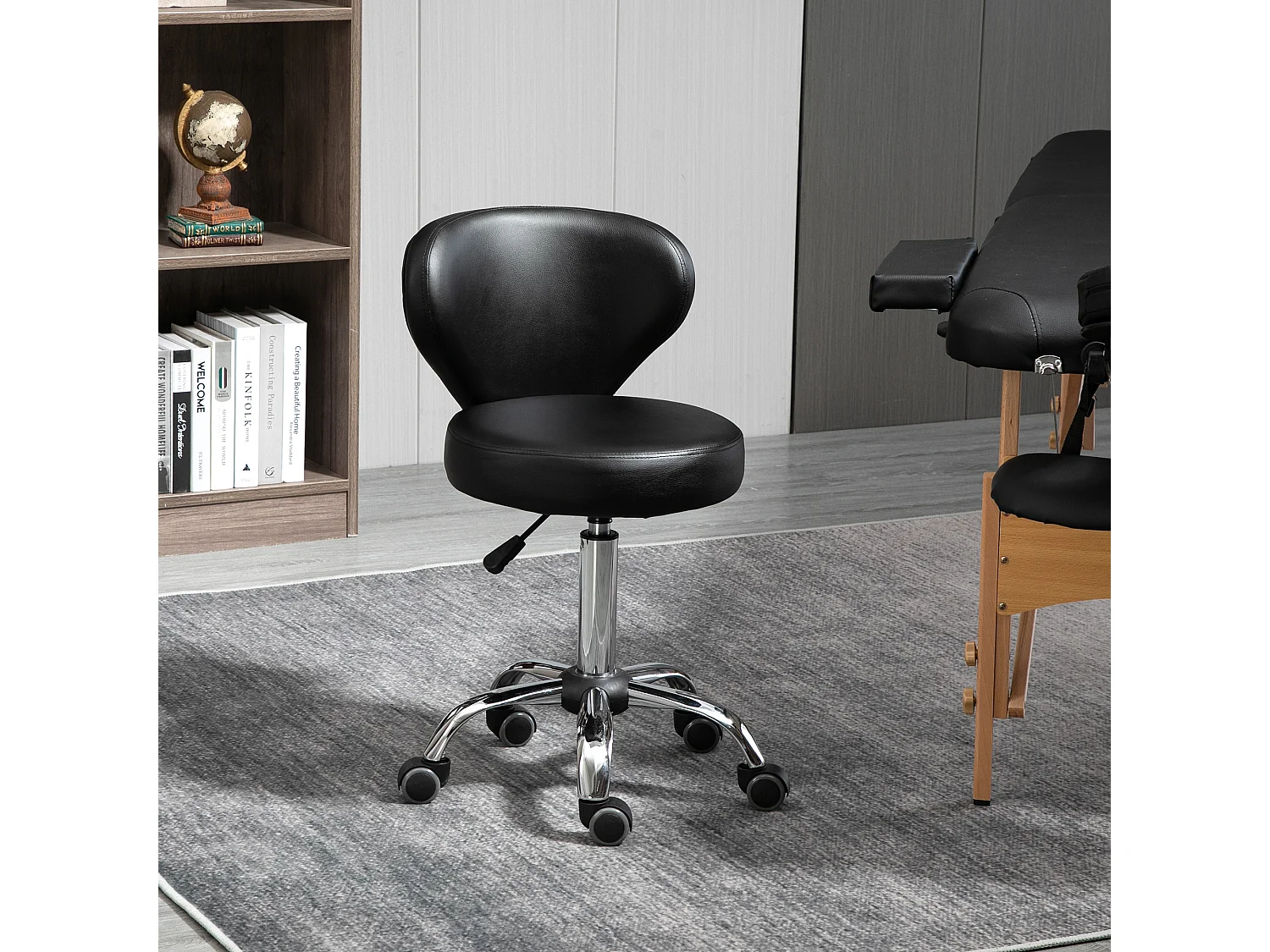 HOMCOM Tabouret de massage - tabouret de travail pivotant 360° - assise réglable 49-64H cm, dossier ergonomique - métal chromé revêtement synthétique noir