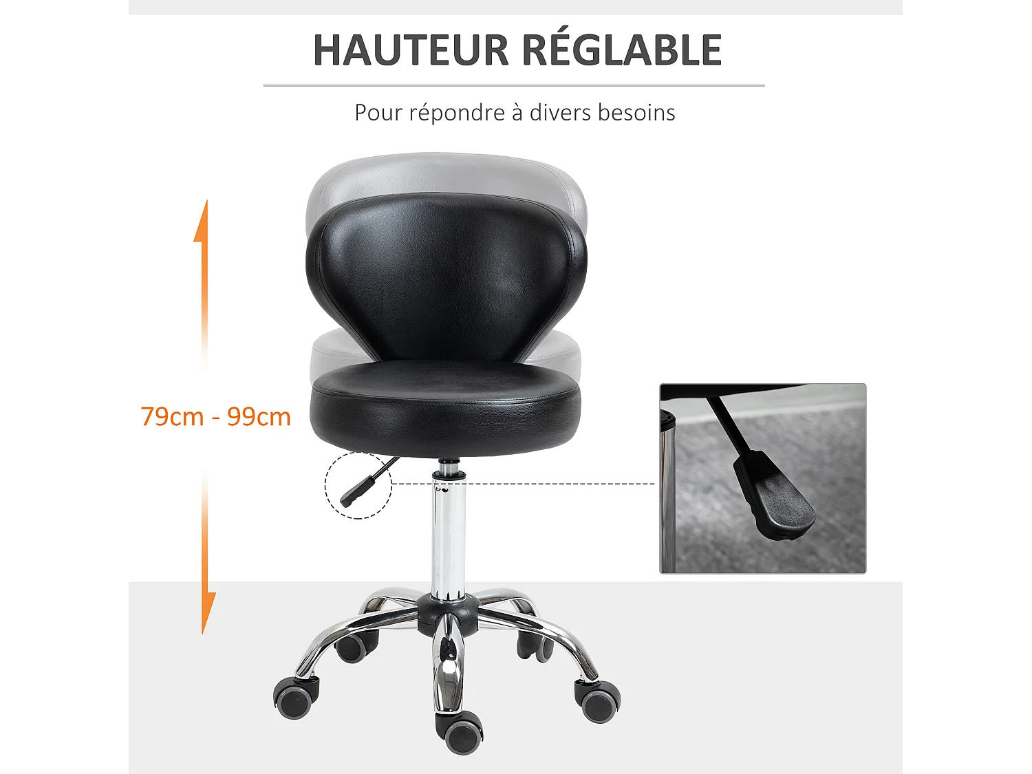 HOMCOM Tabouret de massage - tabouret de travail pivotant 360° - assise réglable 49-64H cm, dossier ergonomique - métal chromé revêtement synthétique noir