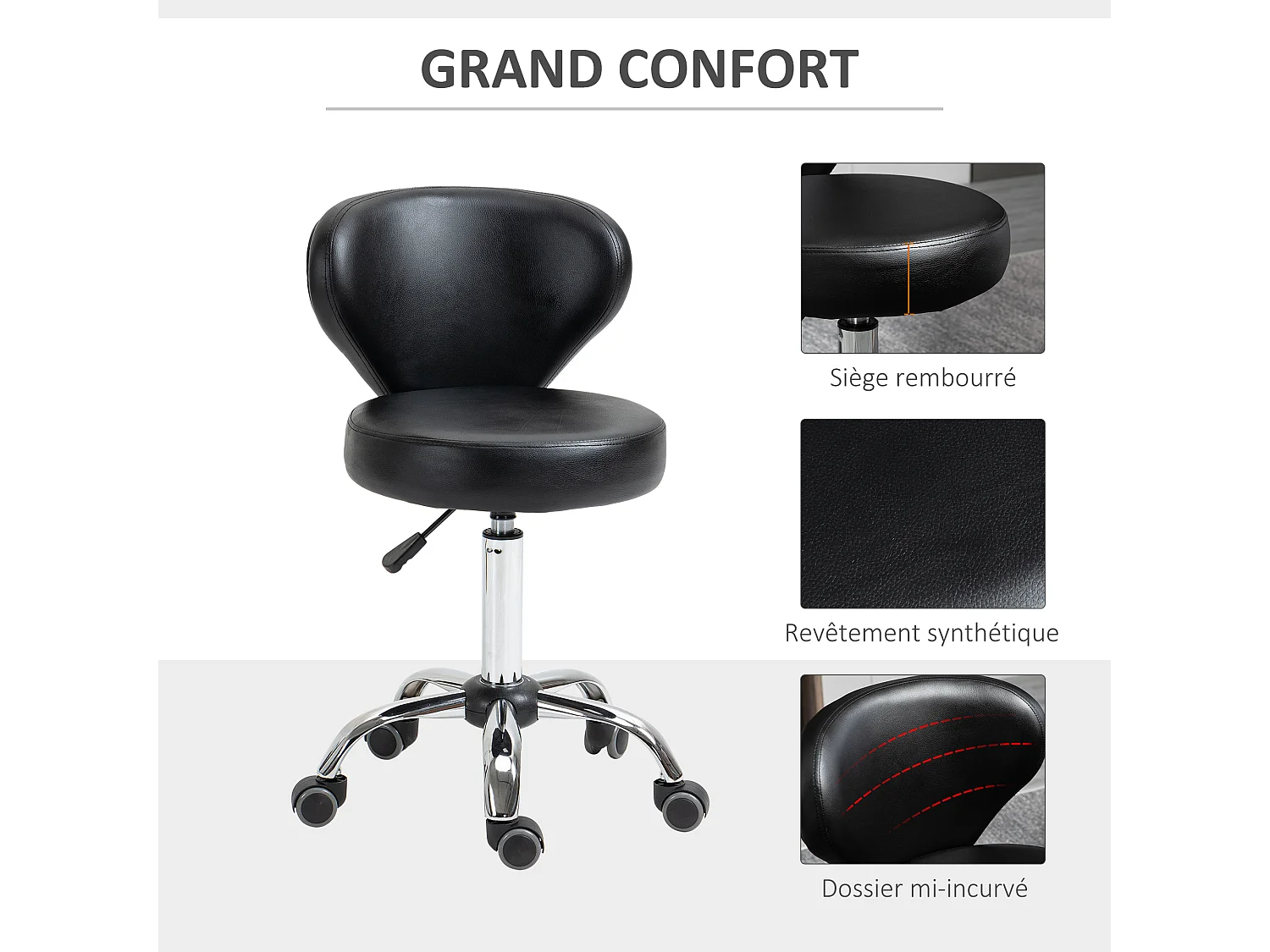 HOMCOM Tabouret de massage - tabouret de travail pivotant 360° - assise réglable 49-64H cm, dossier ergonomique - métal chromé revêtement synthétique noir