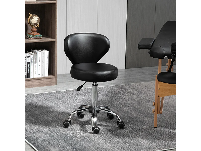 HOMCOM Tabouret de massage - tabouret de travail pivotant 360° - assise réglable 49-64H cm, dossier ergonomique - métal chromé revêtement synthétique noir