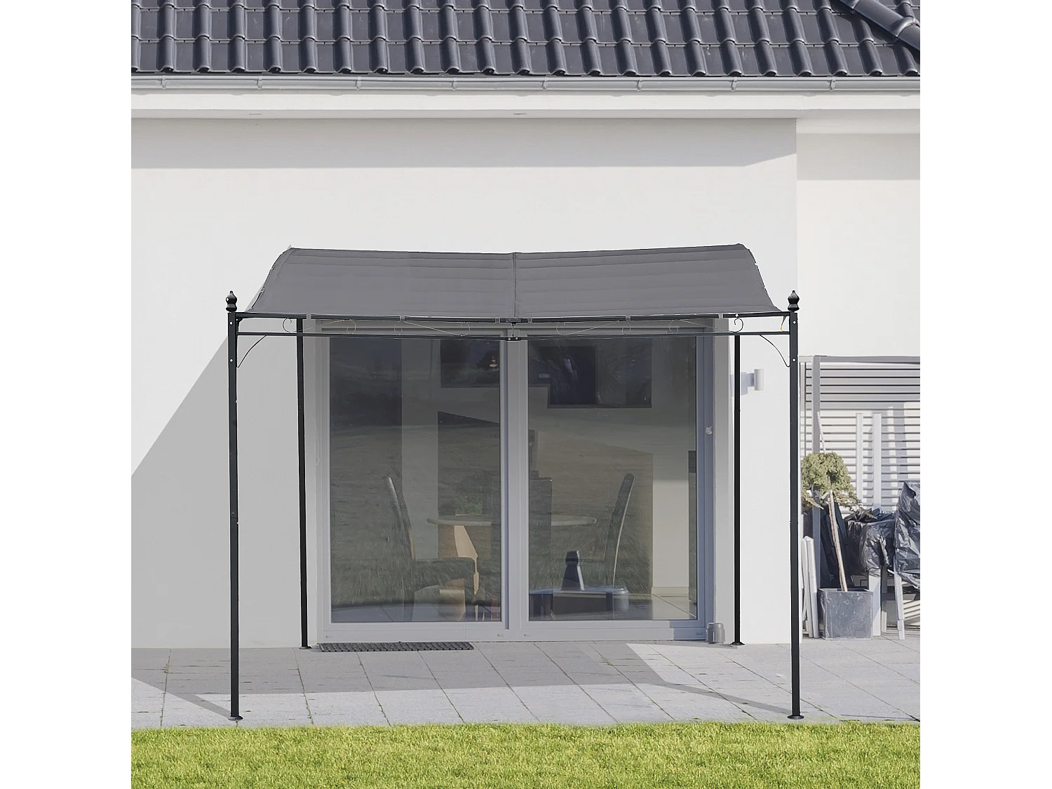 Pergola tonnelle de jardin auvent 2,97 x 2,97 m adossable métal noir polyester anti-UV gris