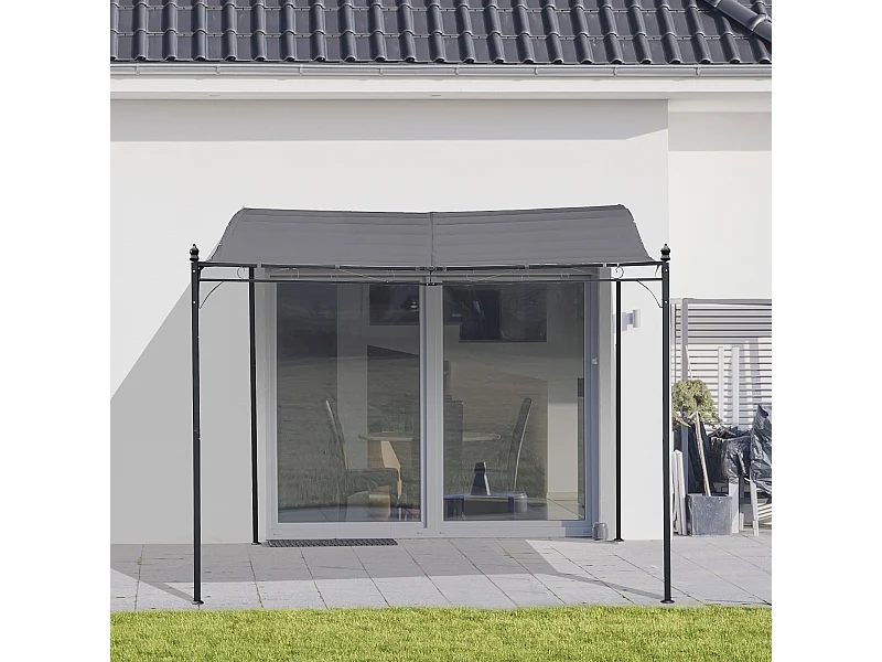 Pergola tonnelle de jardin auvent 2,97 x 2,97 m adossable métal noir polyester anti-UV gris