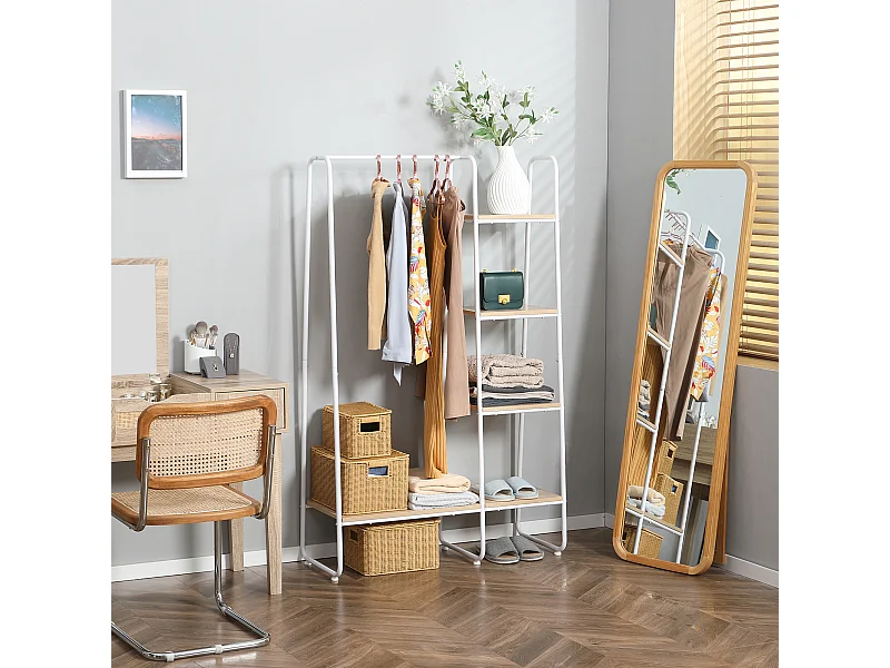 Vestiaire d'entrée - penderie, 5 étagères - dim. 101L x 39l x 160H cm - acier blanc panneaux aspect bois clair