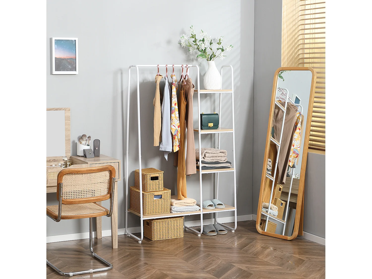 Vestiaire d'entrée - penderie, 5 étagères - dim. 101L x 39l x 160H cm - acier blanc panneaux aspect bois clair