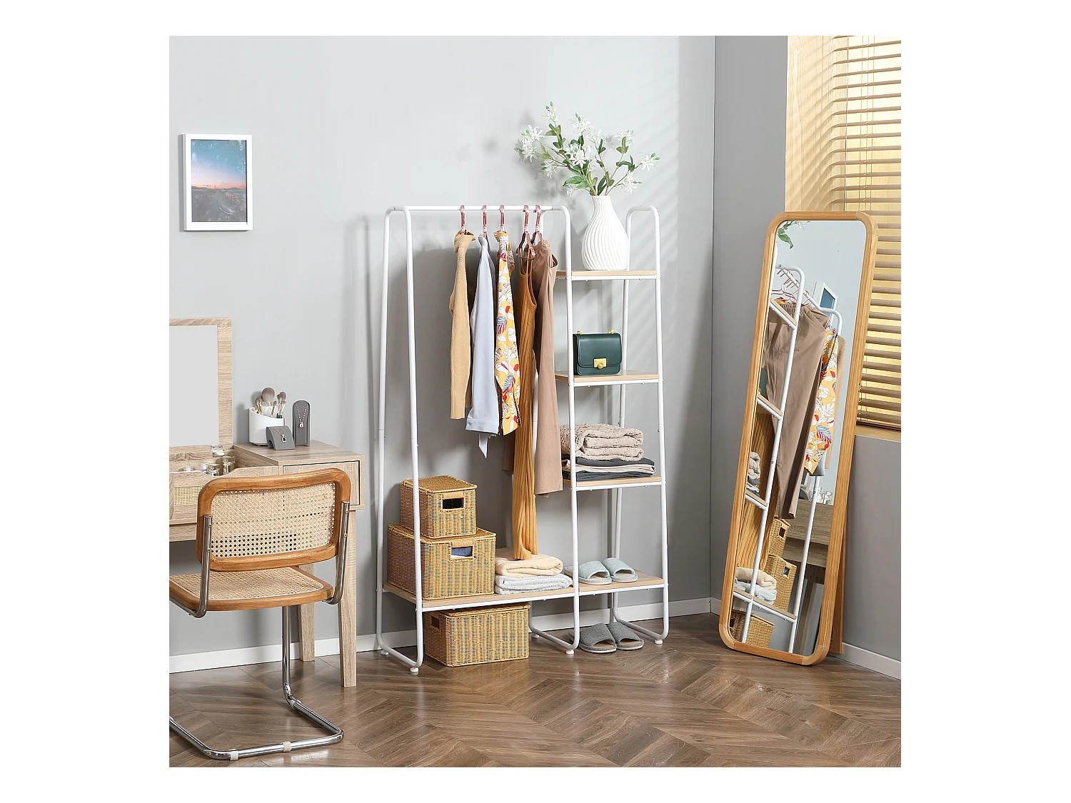 Vestiaire d'entrée - penderie, 5 étagères - dim. 101L x 39l x 160H cm - acier blanc panneaux aspect bois clair