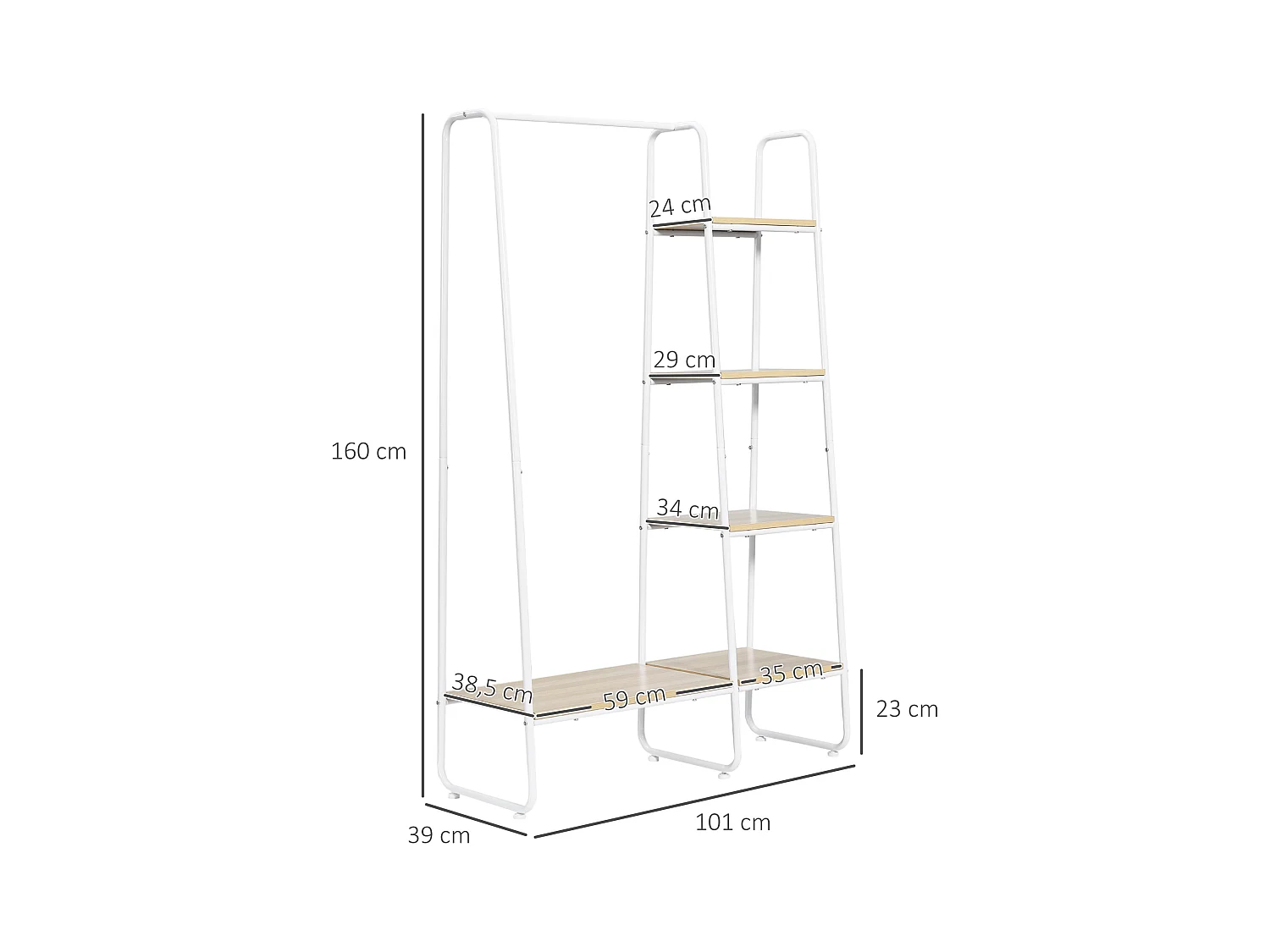 Vestiaire d'entrée - penderie, 5 étagères - dim. 101L x 39l x 160H cm - acier blanc panneaux aspect bois clair