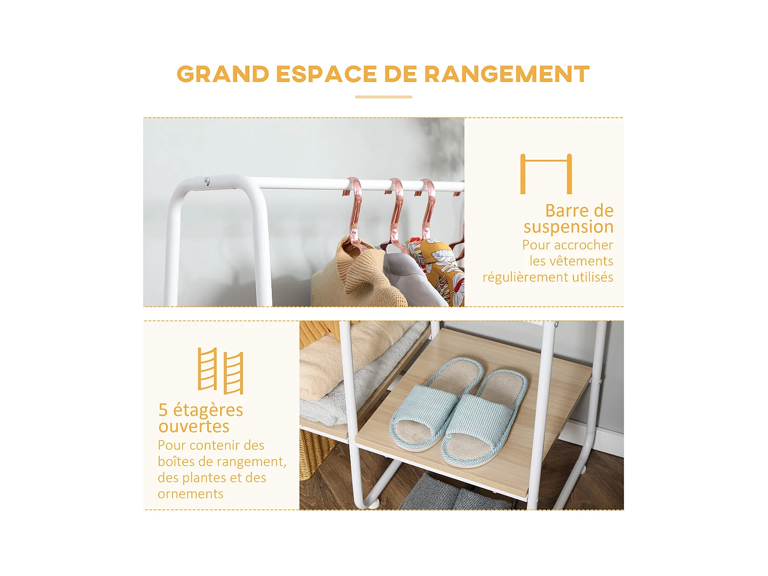 Vestiaire d'entrée - penderie, 5 étagères - dim. 101L x 39l x 160H cm - acier blanc panneaux aspect bois clair