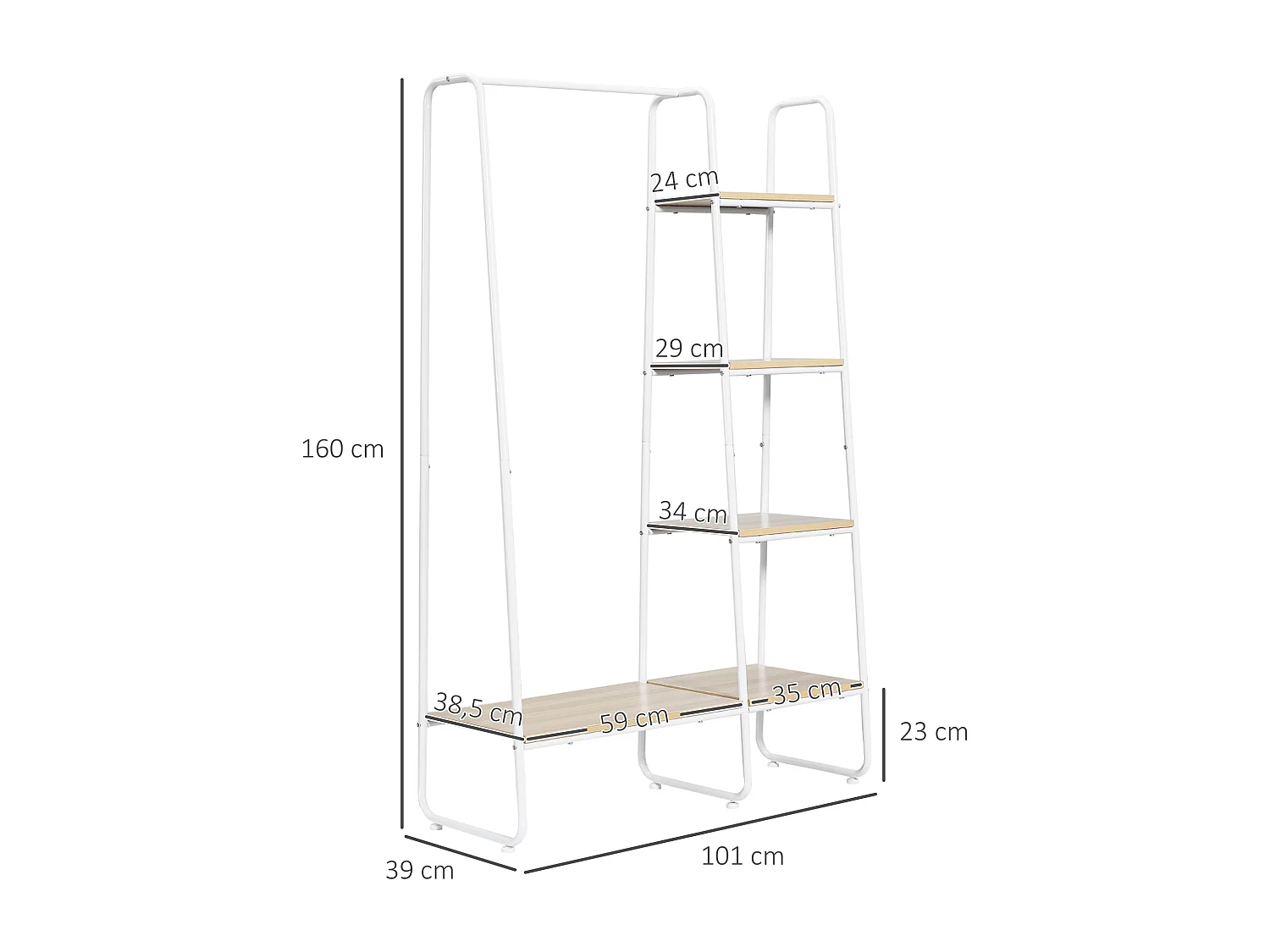 Vestiaire d'entrée - penderie, 5 étagères - dim. 101L x 39l x 160H cm - acier blanc panneaux aspect bois clair