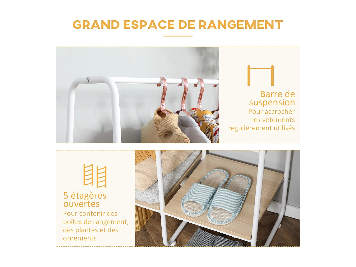 Vestiaire d'entrée - penderie, 5 étagères - dim. 101L x 39l x 160H cm - acier blanc panneaux aspect bois clair