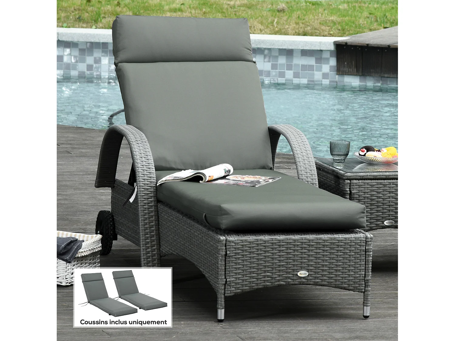 Lot de 2 matelas pour bain de soleil transat - cordons et scratchs d'attache - dim. 196L x 55l cm ép. 8 cm - polyester déperlant gris