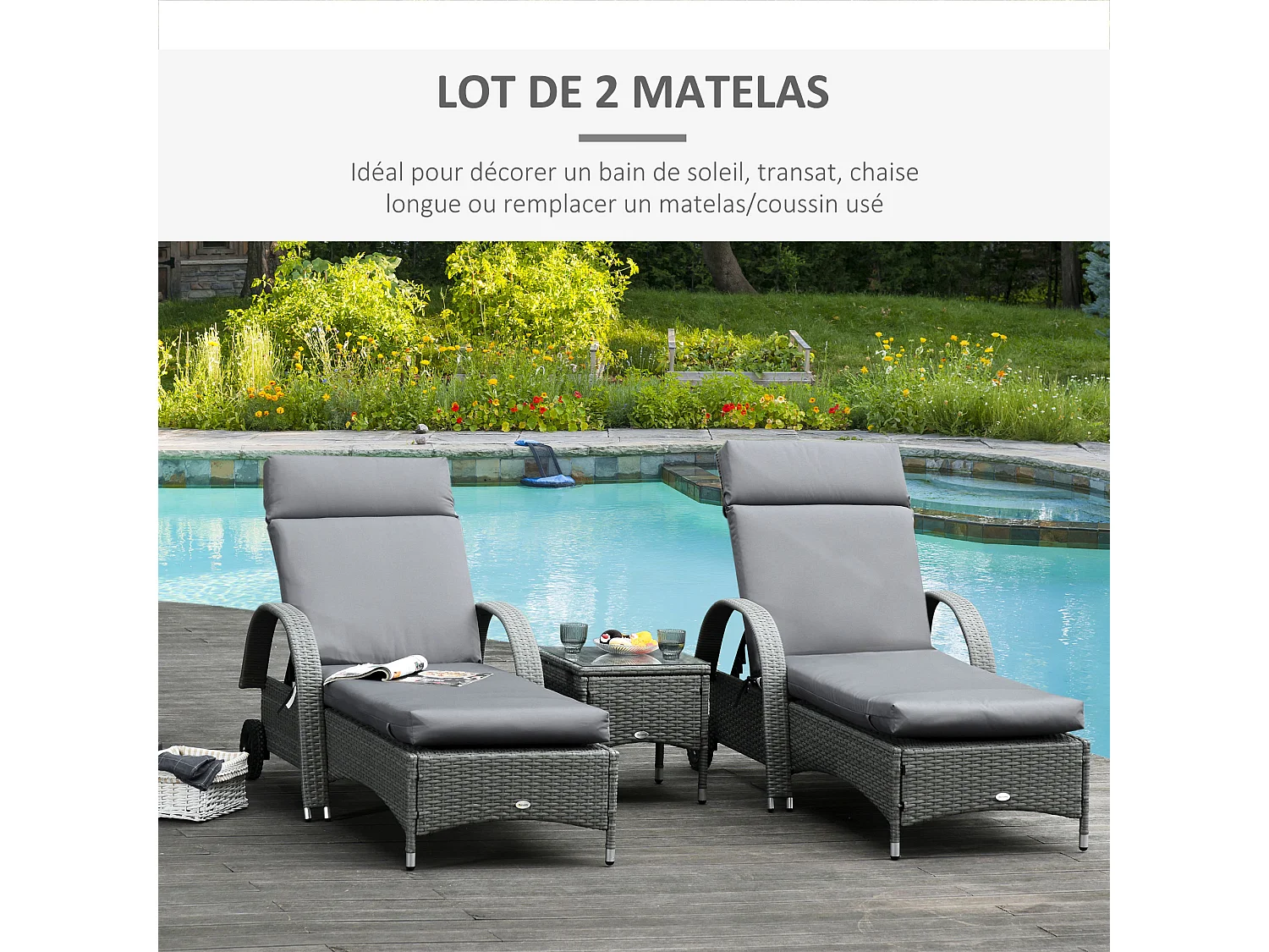 Lot de 2 matelas pour bain de soleil transat - cordons et scratchs d'attache - dim. 196L x 55l cm ép. 8 cm - polyester déperlant gris
