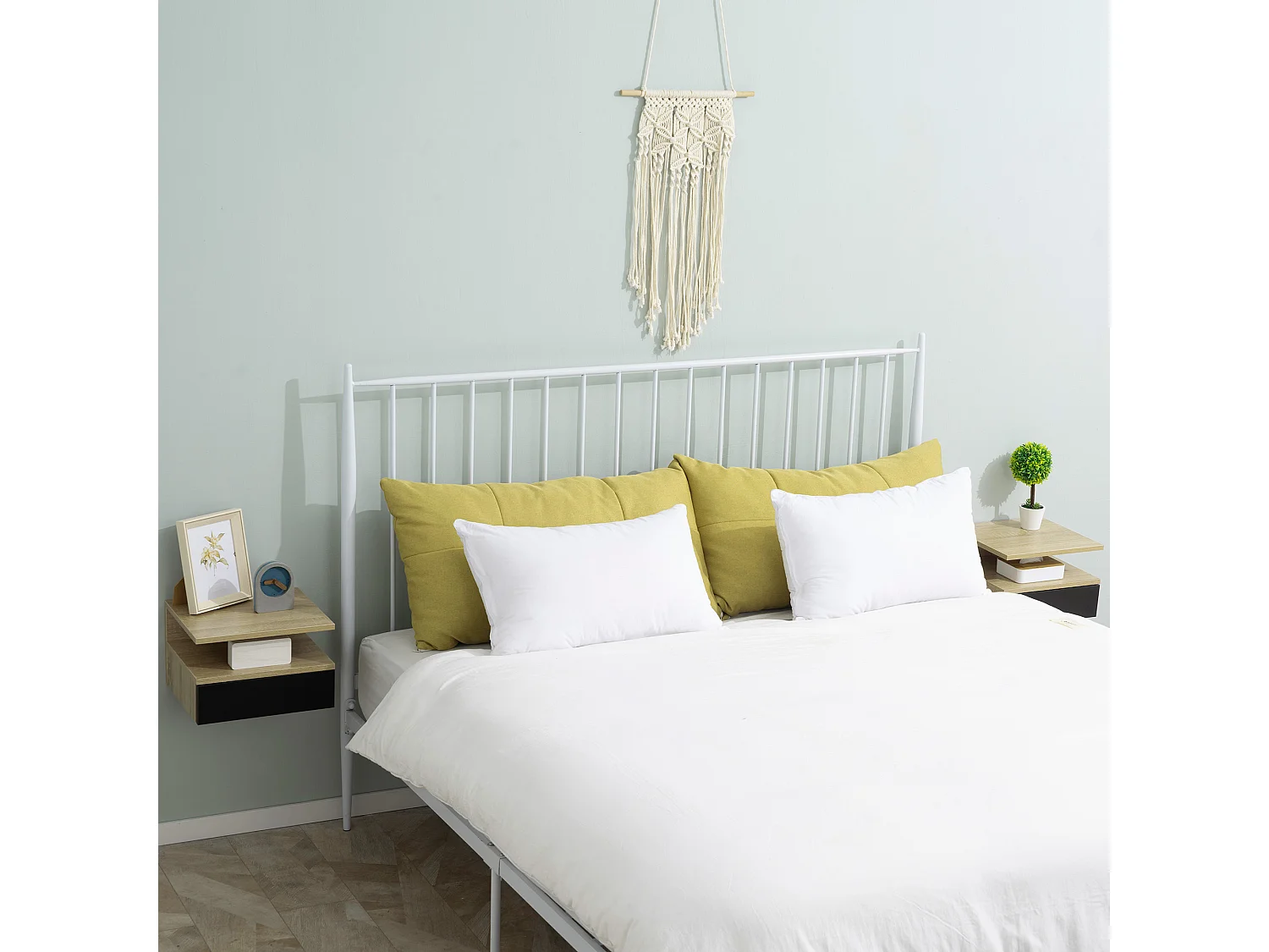 Lot de 2 tables de chevet murales - lot de 2 tables de nuit - tiroir coulissant, niche et plateau - aspect chêne clair noir