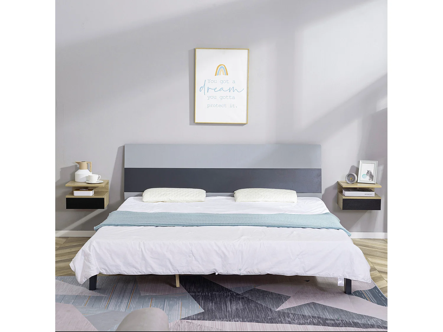 Lot de 2 tables de chevet murales - lot de 2 tables de nuit - tiroir coulissant, niche et plateau - aspect chêne clair noir