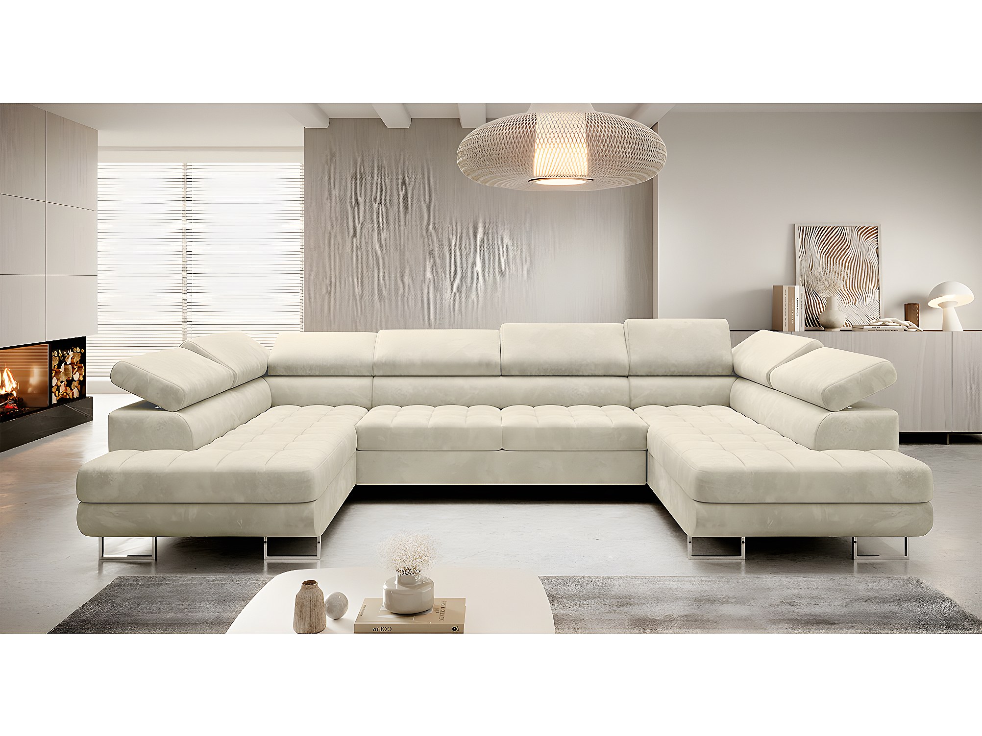 Canapé Panoramique Convertible 7 Places En U - Gris, Tissu Et Simili Cuir - Avec Coffre De Rangement XXL
