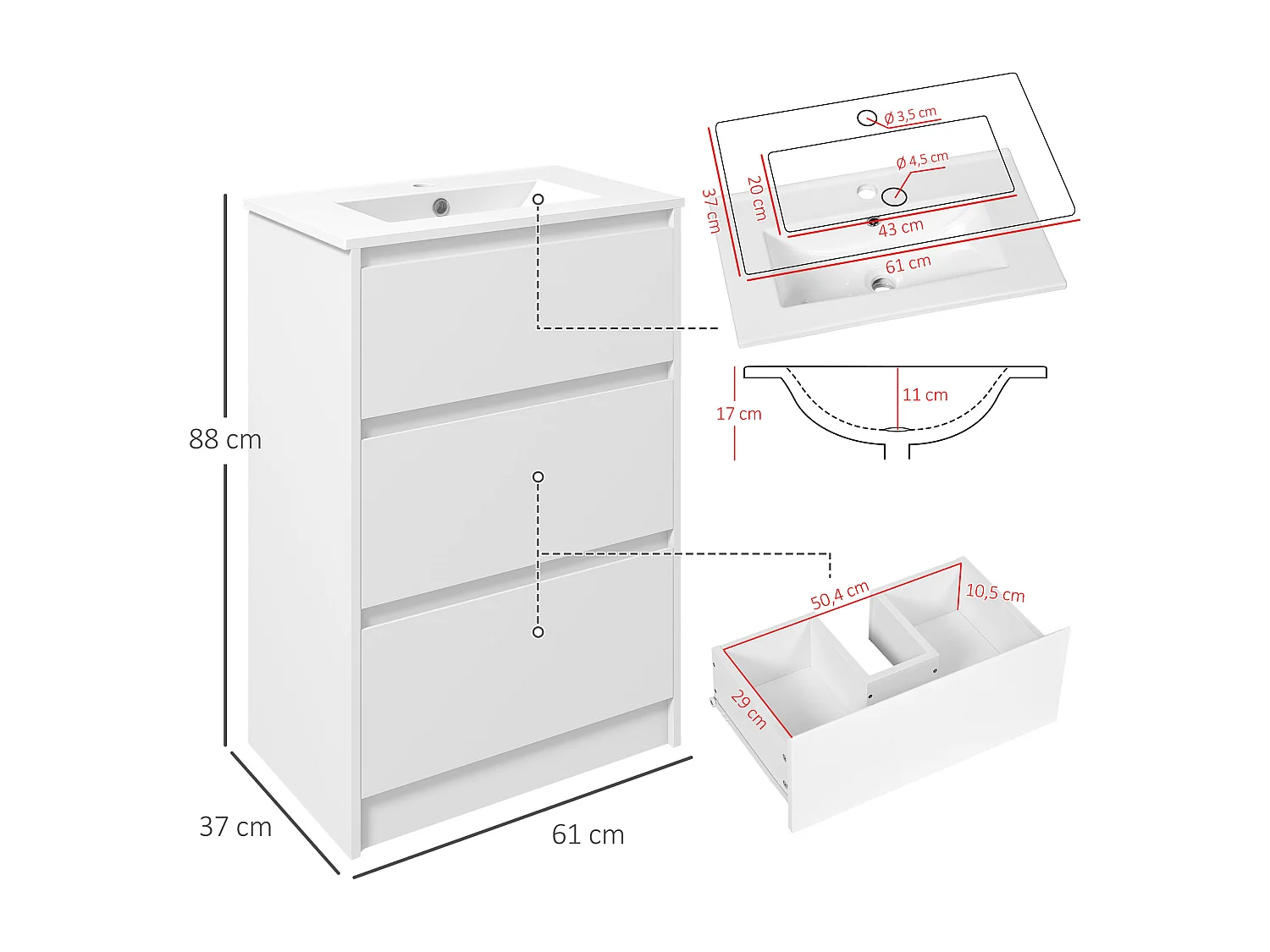 Meuble sous-vasque - vasque céramique incluse - 2 tiroirs - dim. 61L x 37l x 88H cm - blanc laqué