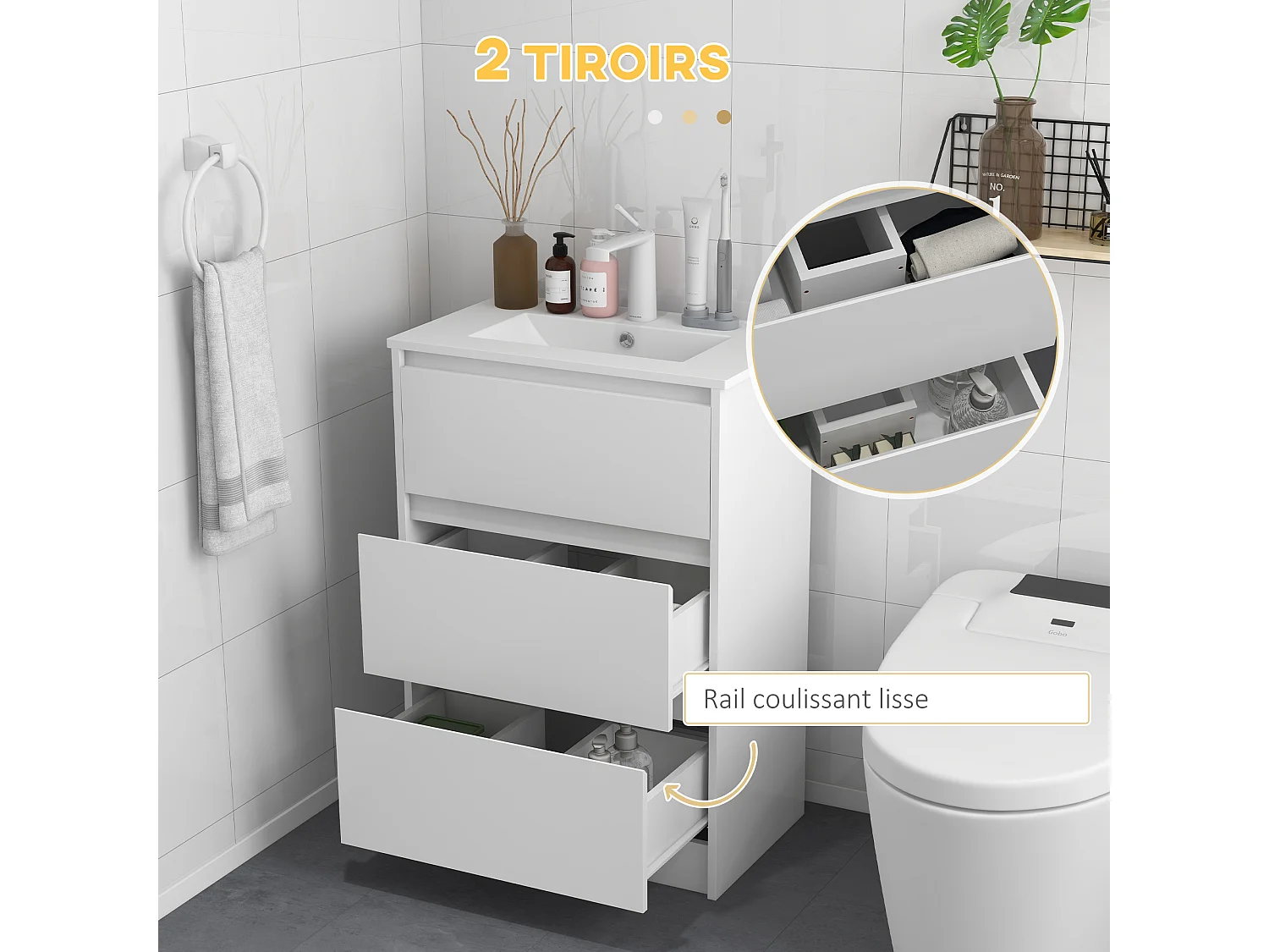 Meuble sous-vasque - vasque céramique incluse - 2 tiroirs - dim. 61L x 37l x 88H cm - blanc laqué