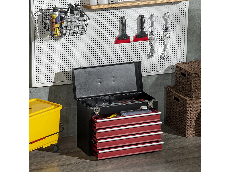 Boite à outils métallique coffret à outils caisse à outils 4 tiroirs + plateau tôle acier rouge noir