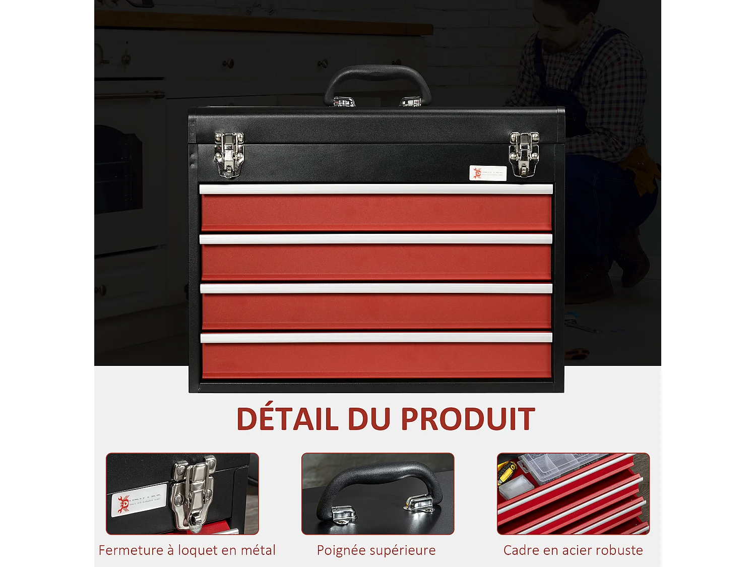 Boite à outils métallique coffret à outils caisse à outils 4 tiroirs + plateau tôle acier rouge noir