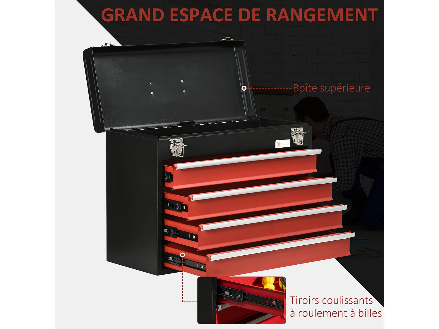 Boite à outils métallique coffret à outils caisse à outils 4 tiroirs + plateau tôle acier rouge noir