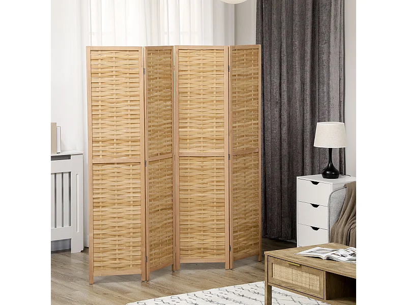 Paravent intérieur séparateur de pièce pliable 4 panneaux dim. 160L x 170H cm bois bambou
