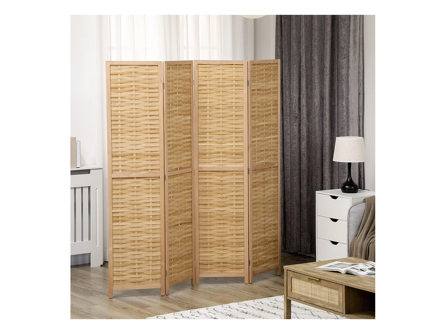 Paravent intérieur séparateur de pièce pliable 4 panneaux dim. 160L x 170H cm bois bambou