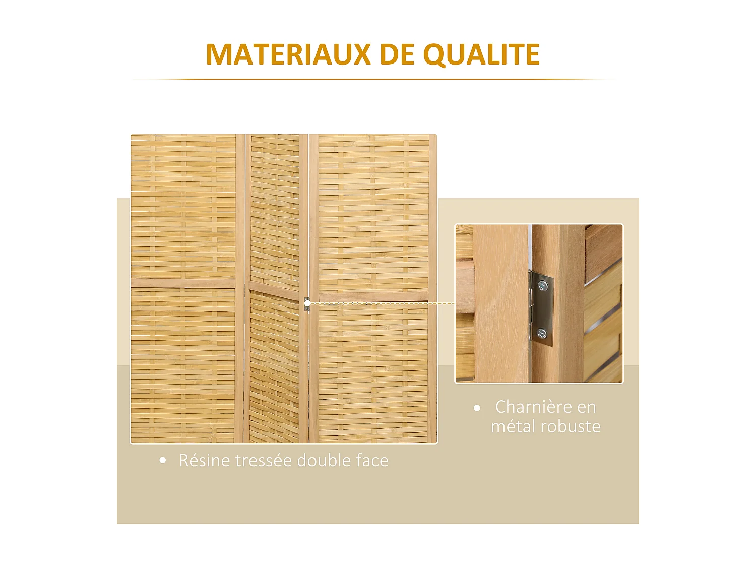 Paravent intérieur séparateur de pièce pliable 4 panneaux dim. 160L x 170H cm bois bambou