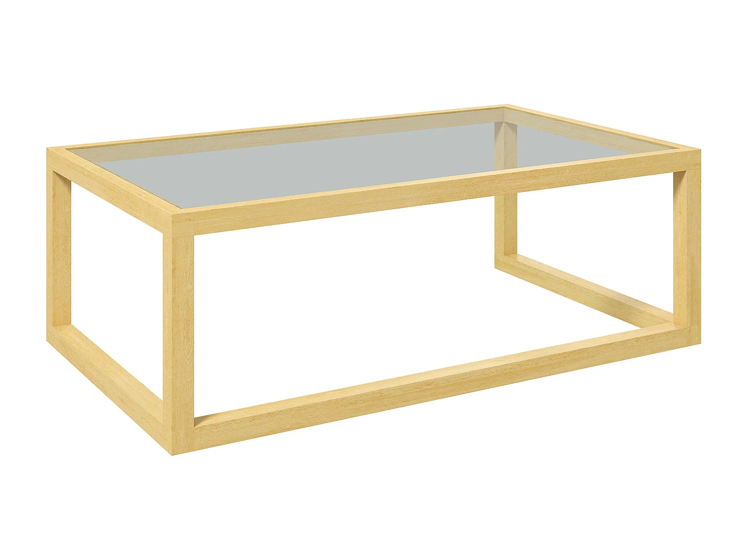 Table basse design contemporain plateau verre trempé structure piètement bois d'hévéa
