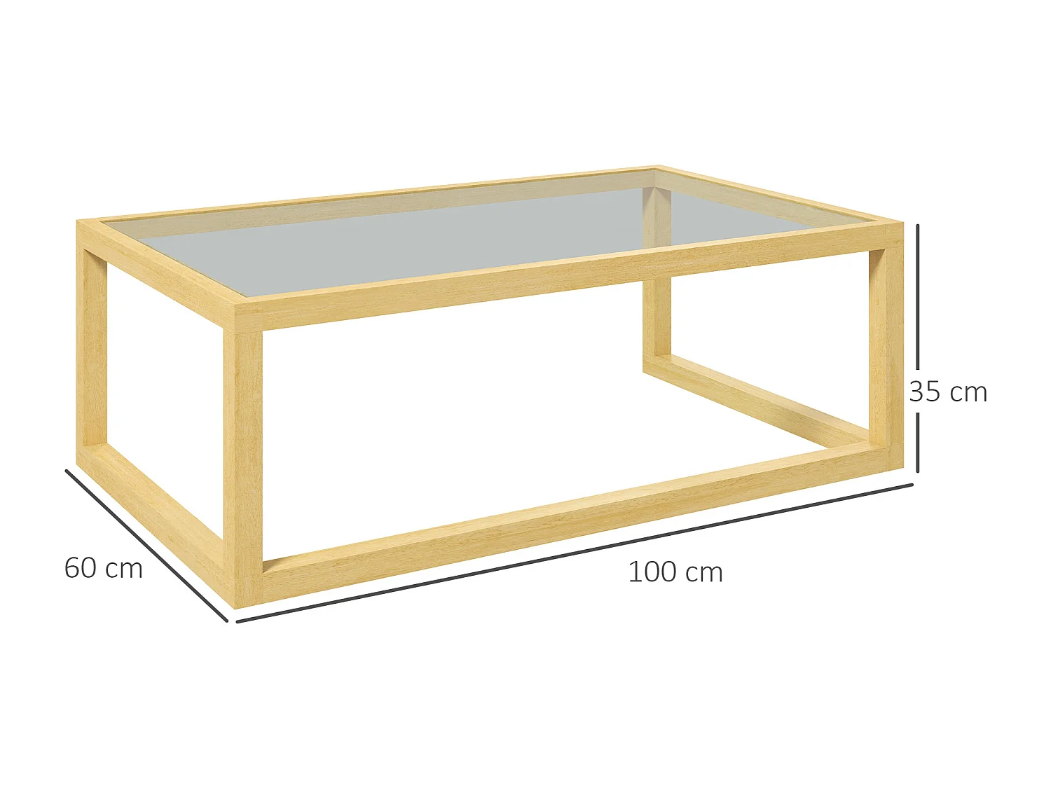 Table basse design contemporain plateau verre trempé structure piètement bois d'hévéa