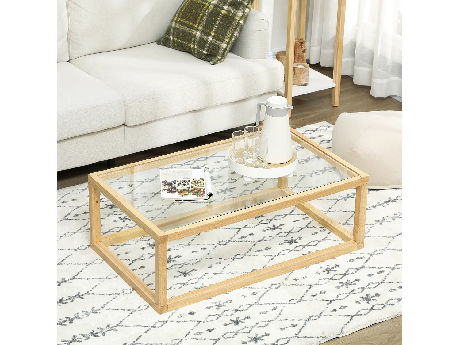 Table basse design contemporain plateau verre trempé structure piètement bois d'hévéa