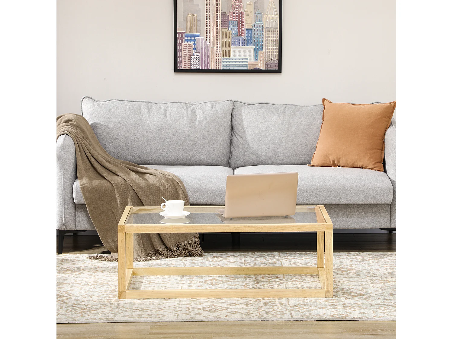 Table basse design contemporain plateau verre trempé structure piètement bois d'hévéa