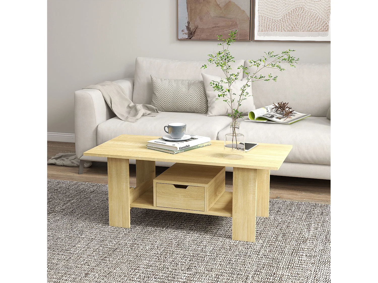 Table basse rectangulaire tiroir coulissant étagère panneaux aspect chêne clair