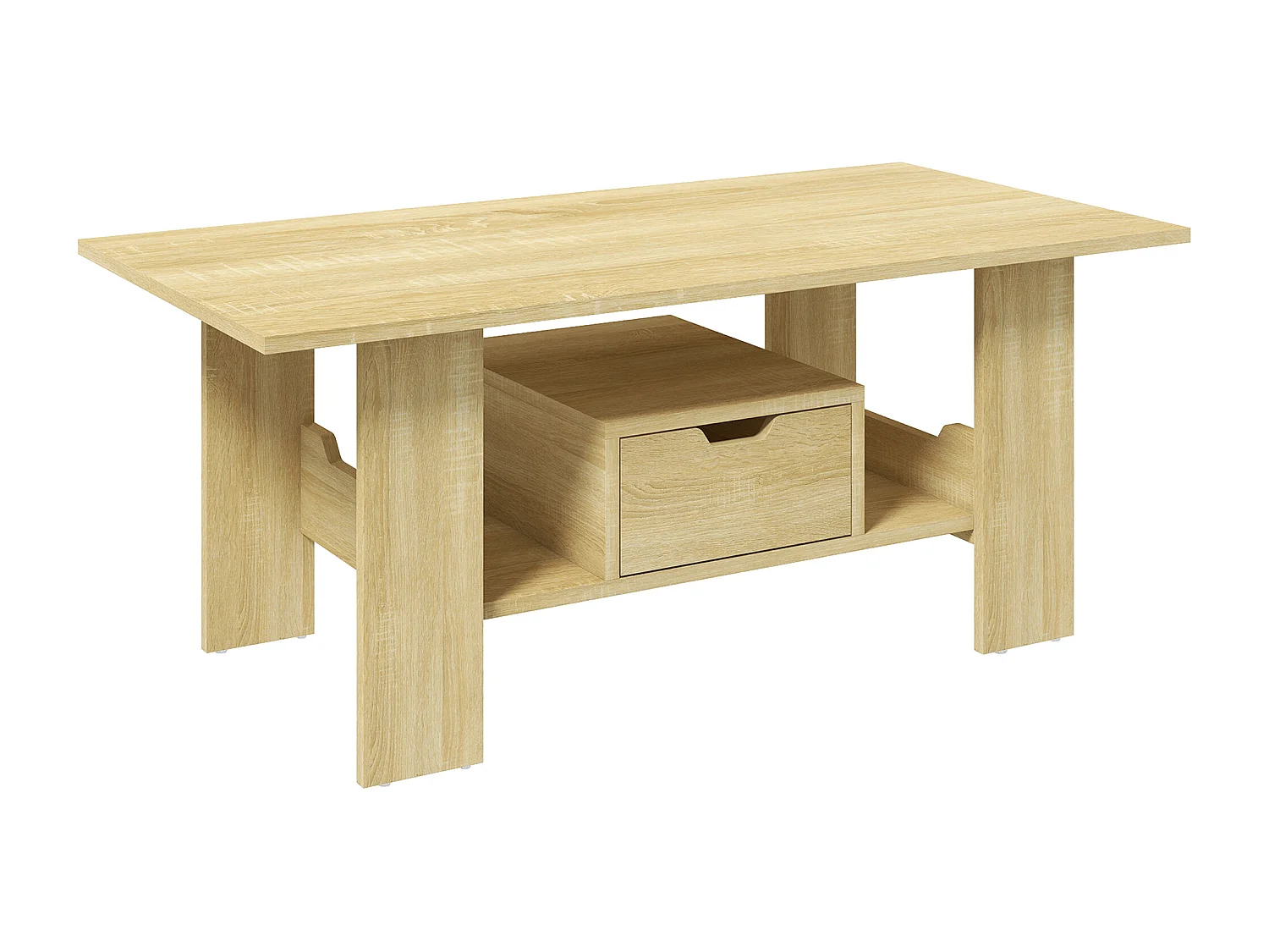 Table basse rectangulaire tiroir coulissant étagère panneaux aspect chêne clair