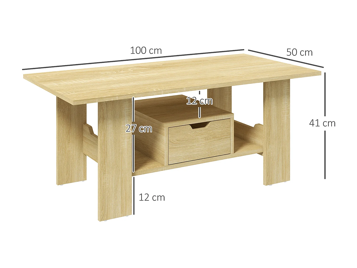 Table basse rectangulaire tiroir coulissant étagère panneaux aspect chêne clair
