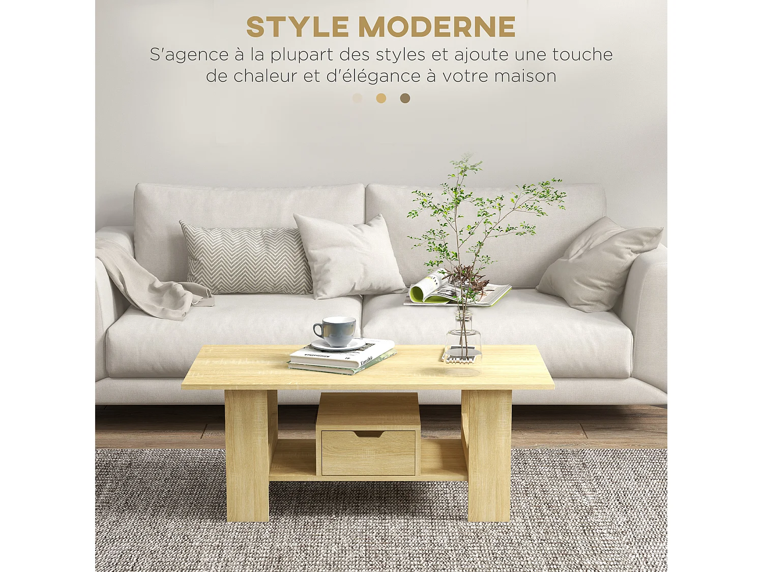 Table basse rectangulaire tiroir coulissant étagère panneaux aspect chêne clair