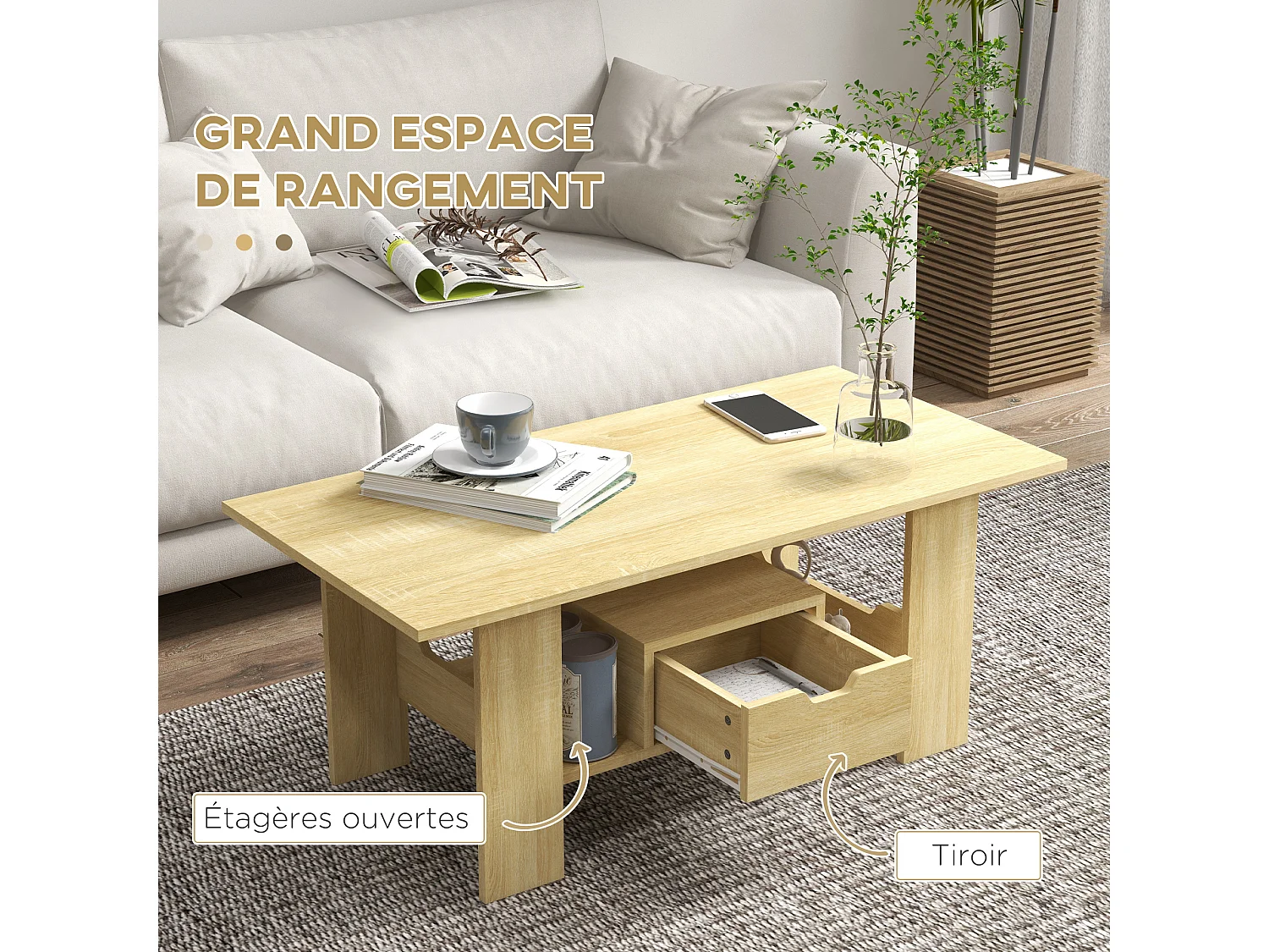 Table basse rectangulaire tiroir coulissant étagère panneaux aspect chêne clair